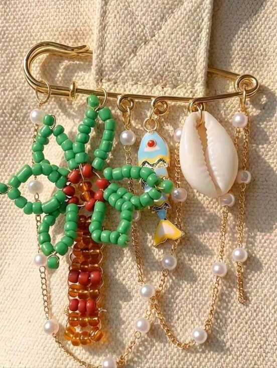 Anthropologie Jewelry - New! Beaded Palm Tree Cowrie Shell Safety Pin Brooch • NWOT 1055